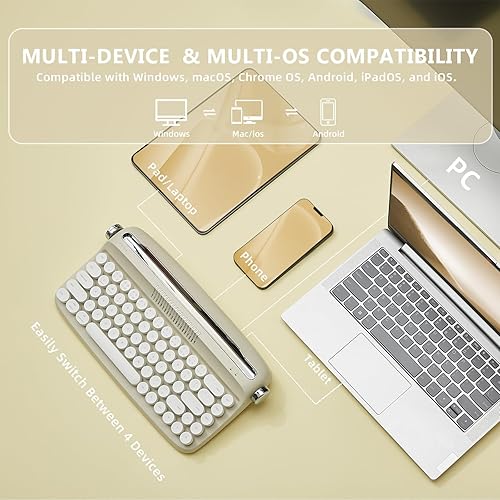 Miniatura 4 de YUNZII Teclado inalámbrico mejorado, estilo máquina de escribir retro con soporte integrado, teclado USB-CBluetooth con bonitas teclas redondas para