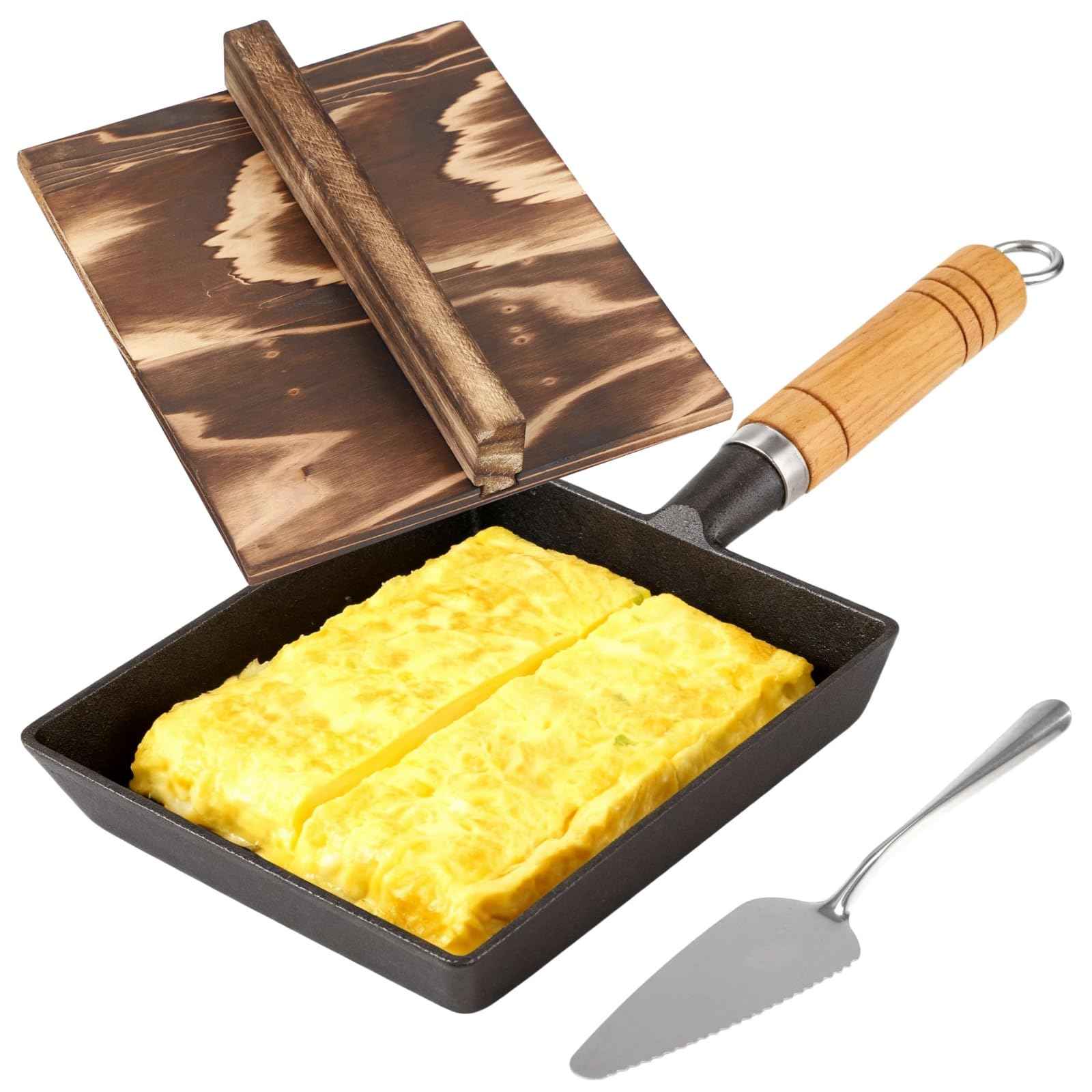 Tamagoyaki Pfanne aus Gusseisen, japanisches Omelett-Pfannenset, quadratische Antihaft-Kochpfanne mit Holzgriff, Holzdeckel, Silikonpinsel und Edelstahlspatel, für Eierrollen und mehr