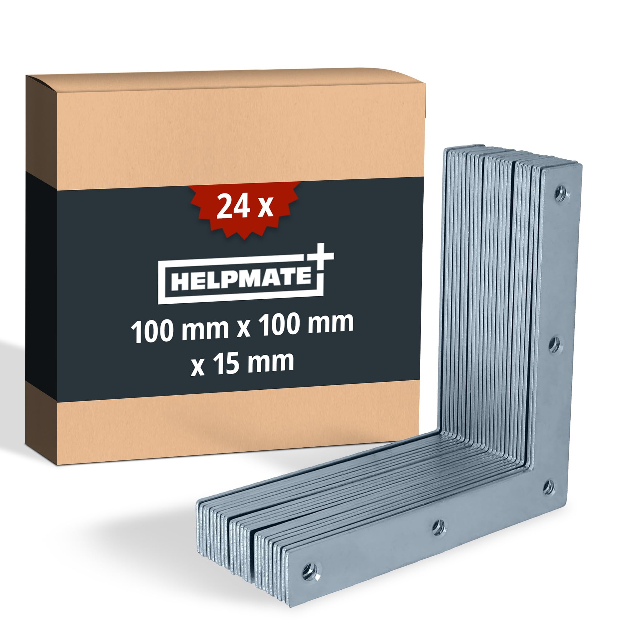 HELPMATE – 24 sztuki płaskich kątowników 100 x 100 x 15 mm – łączniki do drewna ocynkowane galwanicznie pasywowane na niebiesko – kątownik narożny z doskonałą ochroną przed korozją, stabilne i trwałe