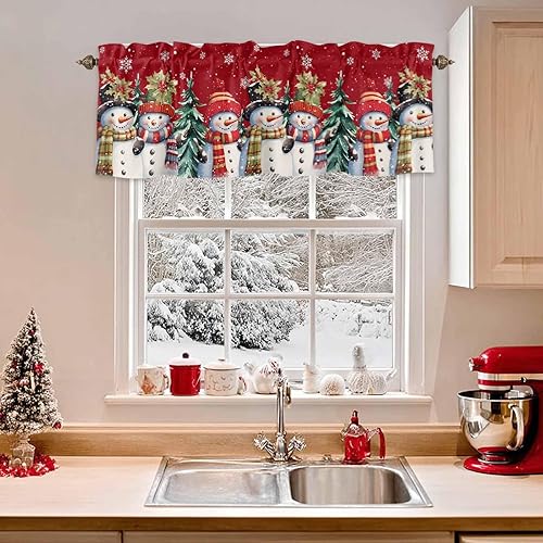 Cenefa de muñeco de nieve de Navidad para ventanas de cocina, cenefas de invierno con bolsillo para barra, cortinas cortas, copos de nieve, bayas de