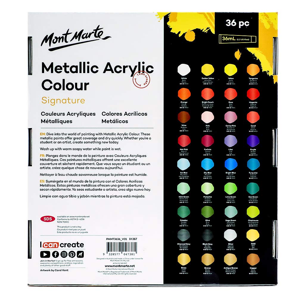 MONT MARTE Pintura Acrilica Metalizada – 36 Piezas, Tubos de 36 ml – Ideal para la Pintura Acrílica – Colores Resistentes a la luz con Gran Opacidad