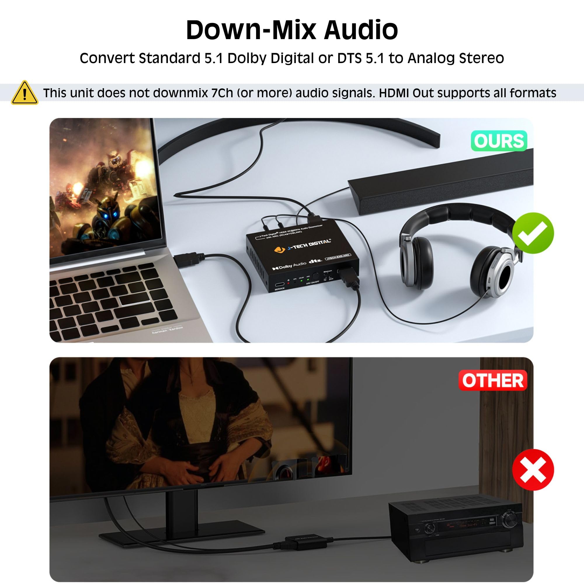 J-Tech Digital Estrattore audio HDMI 4K 60Hz con ARC e audio Downmix, convertitore da HDMI a ottico e RCA, HDCP 2.2 DTS Digital 5.1 PCM (JTECH-EXD-ARC)