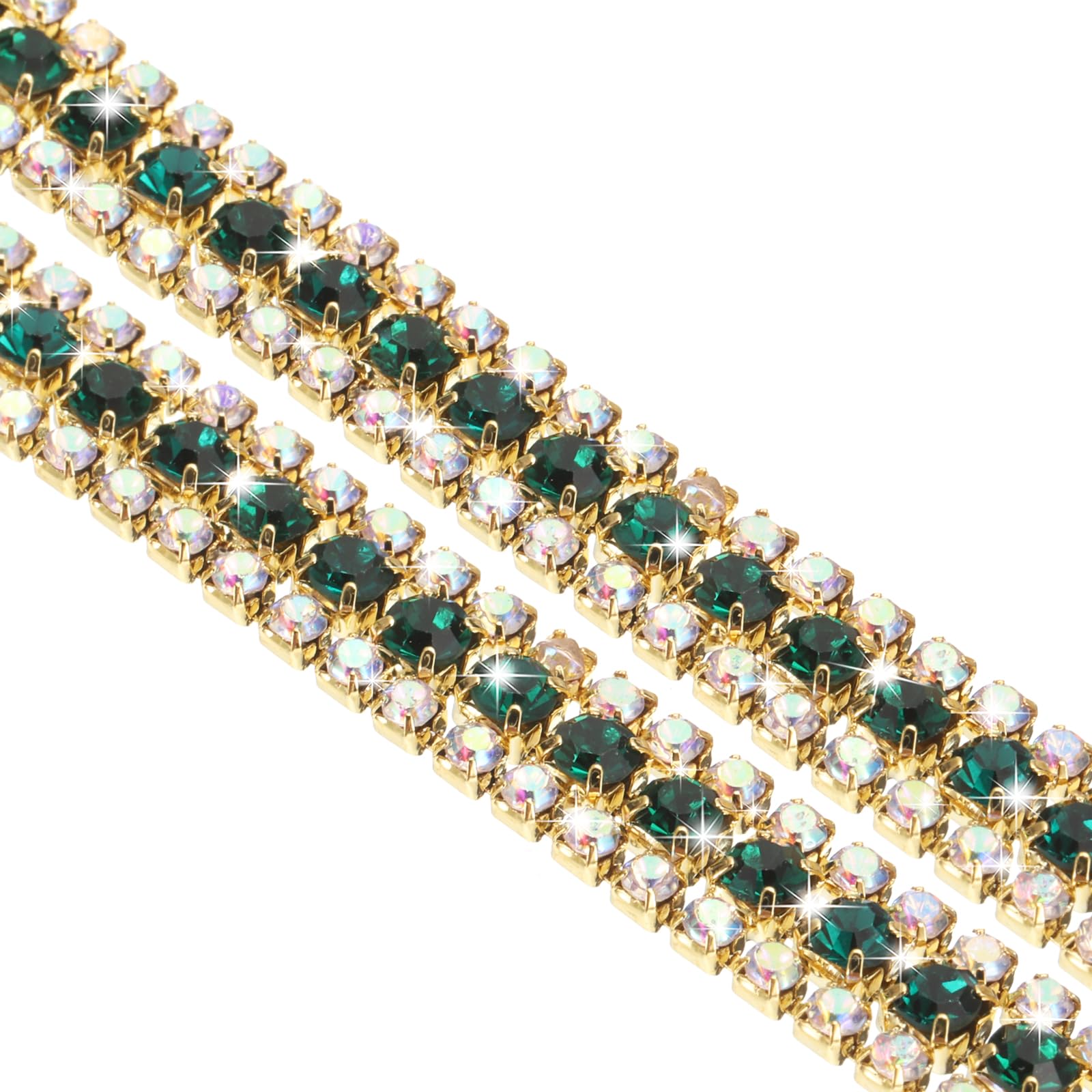 Sourcing Map 1 Yard 3 Rows Crystal Rhinestone Close Chain Trim, AB and Dark Green Rhinestone with Gold Base