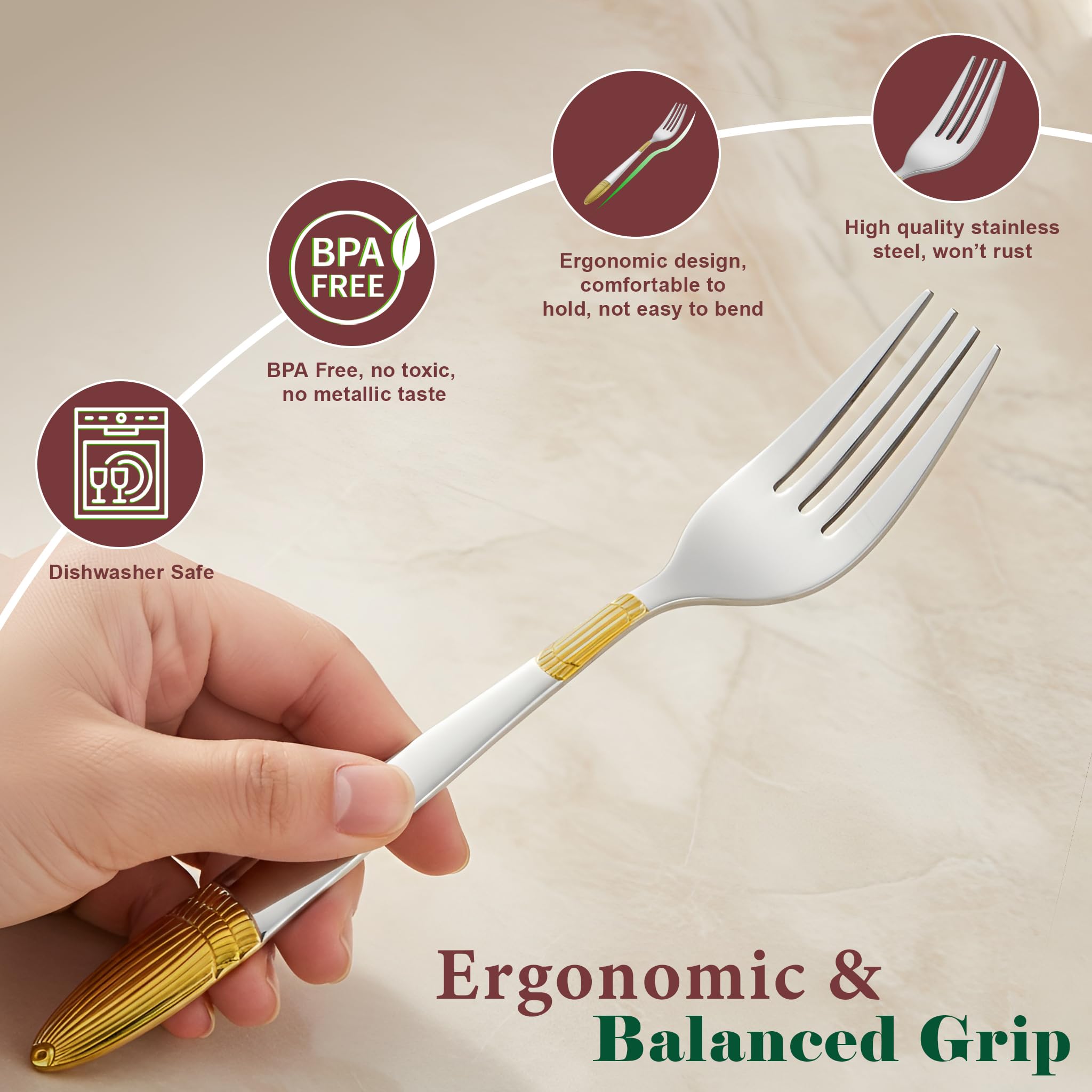 Parage 6 Pieces Stainless Steel 24k Golden Dinner Forks Set, 16 cm Premium Cutlery Set for Home & Kitchen, Luxury Dining Tableware Gift for House Warming,24 Karat Gold Plated Forks, Ivory Design