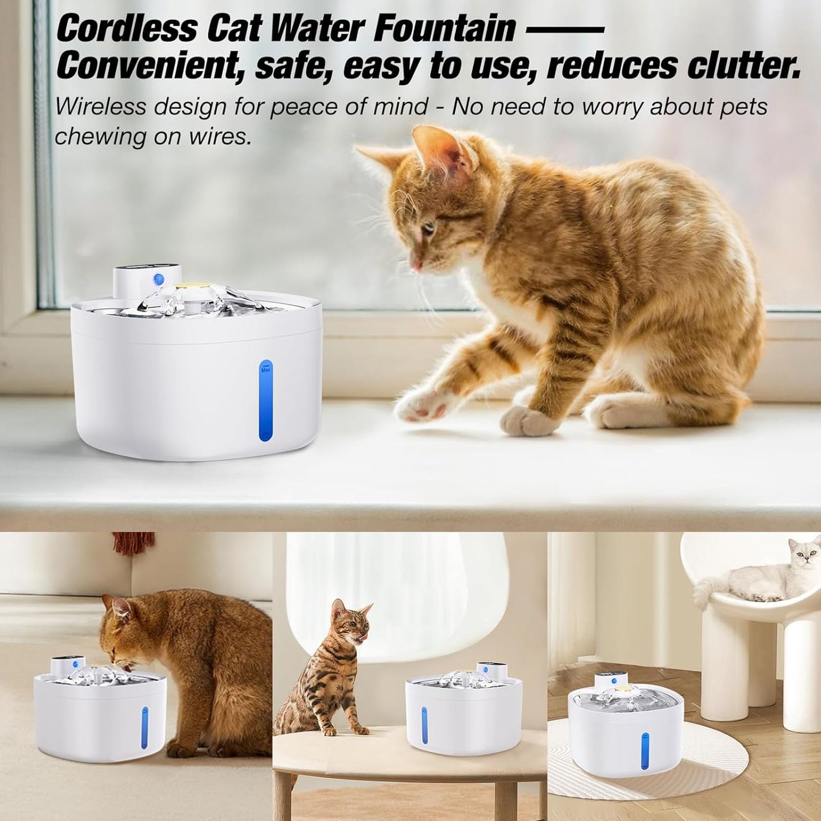 Fontana per Animali Domestici 88Oz/2,6L, Distributore Automatico di Acqua per Gatti E Cani con Filtri di Ricambio, Vassoio in Acciaio Inossidabile, Facile da Pulire per Gatti E Cani