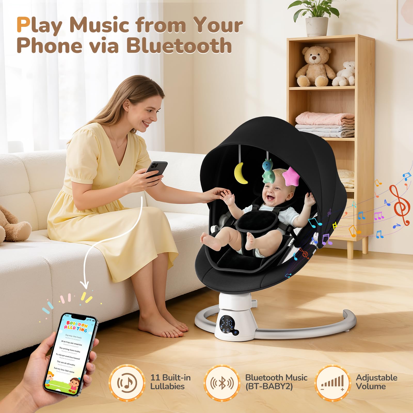 Hamaca Eléctrica para Bebé con Mando a Distancia y App,Mecedora con 5 Velocidades de Balanceo,3 Temporizadores,Arnés de 5 Puntos,2 Posiciones del Asiento,Silla Mecedora para 0-9 kg de Bebé-Negro
