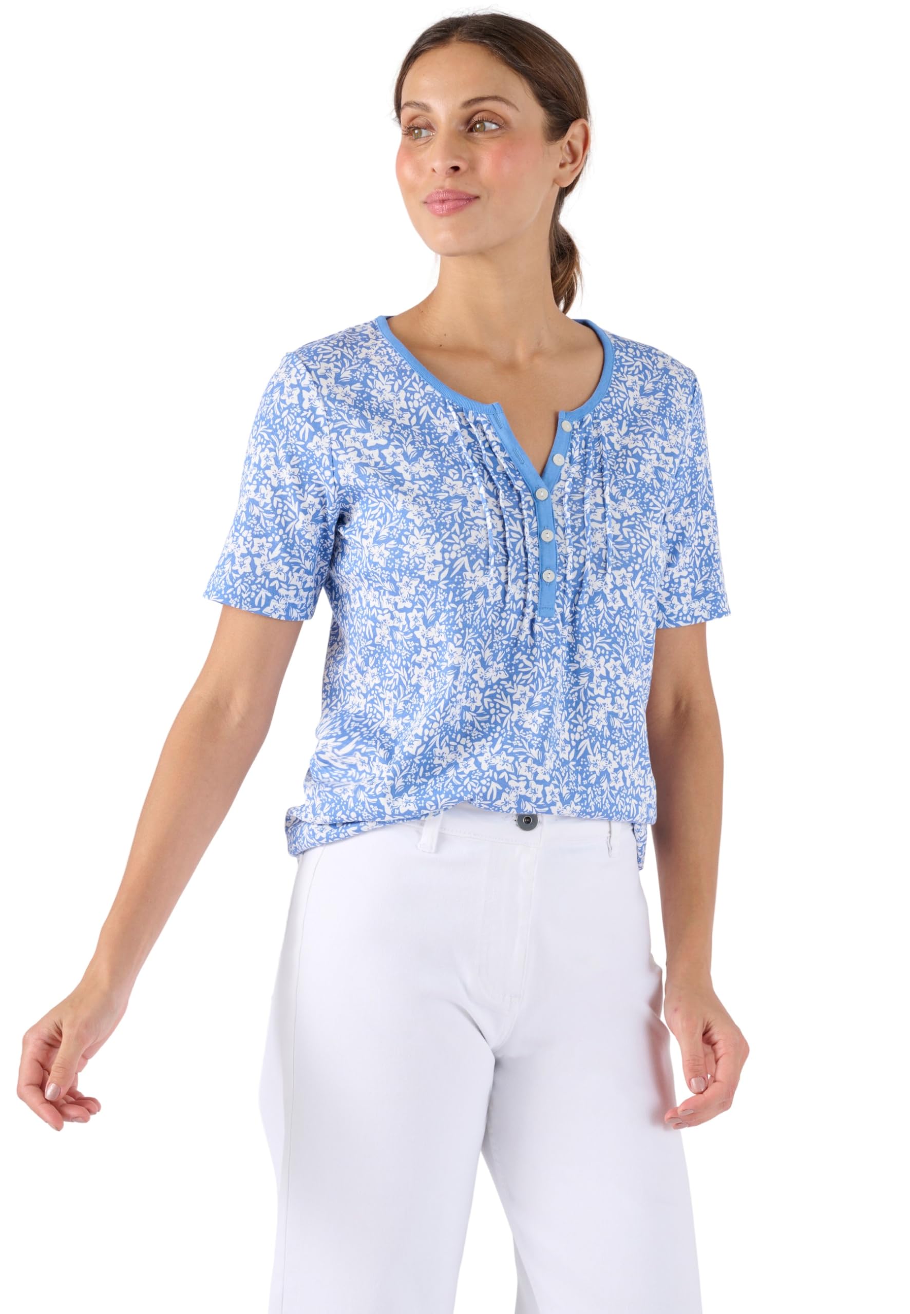 Damart - Pure Cotton Pleat Detail T-Shirt, Blue Floral, 14/16