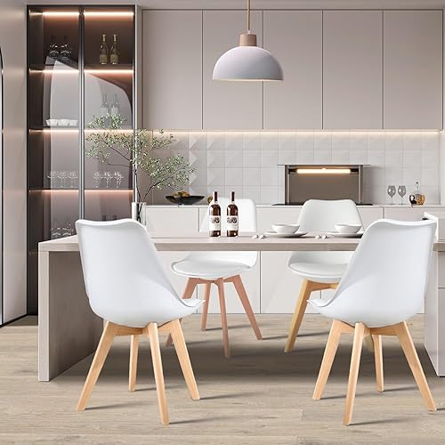 Miniatura 2 de Hesham Juego de 4 sillas auxiliares de comedor, cocina, sillas de comedor modernas de mediados de siglo con patas de madera y cojín de piel