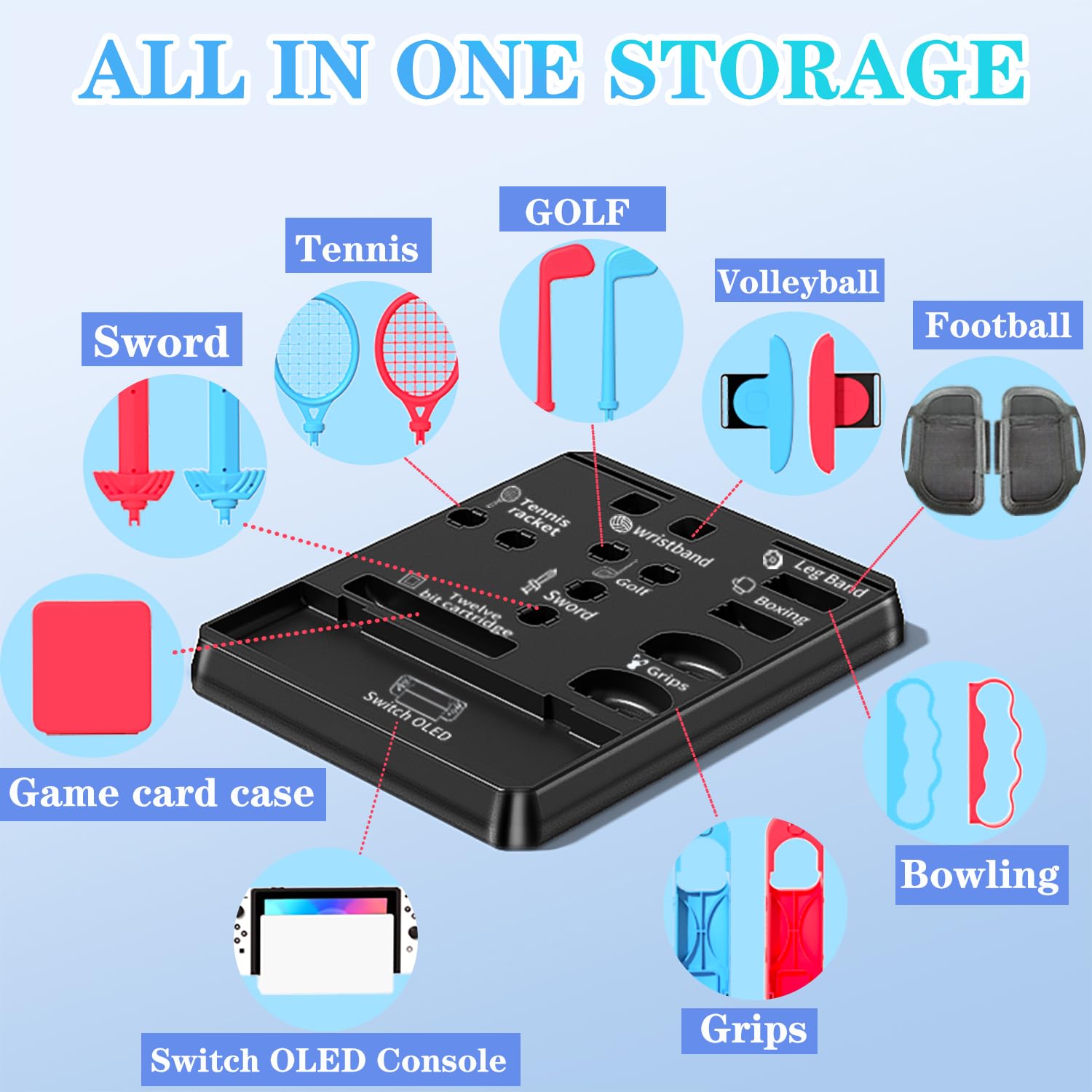 OLDZHU Set di accessori sportivi 16 in 1 con organizer compatibile con Nintendo Switch & console OLED, 2024, per feste in famiglia, set di accessori per gioco