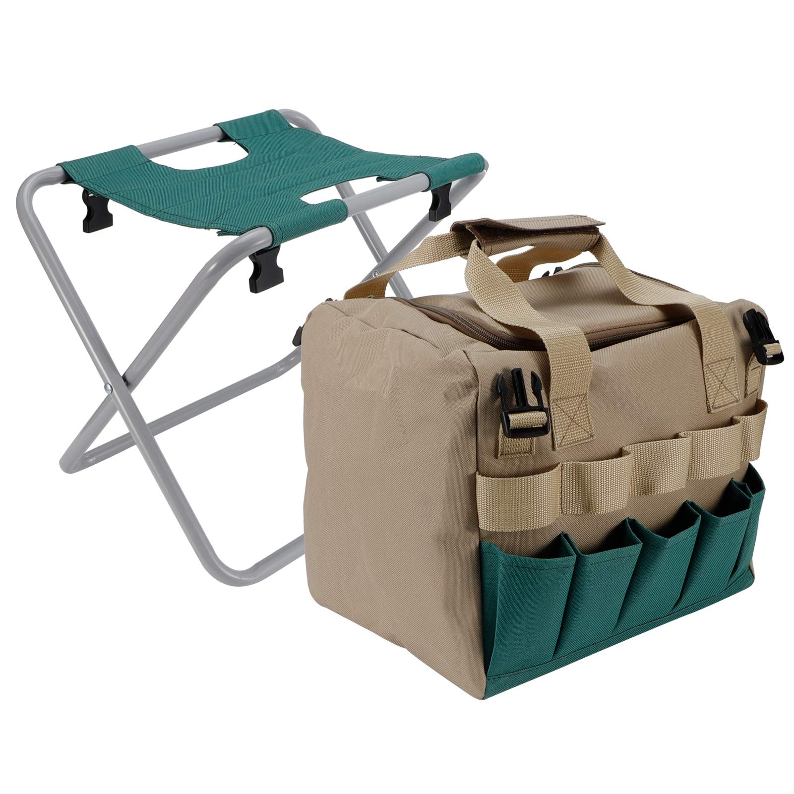 Sgabello da Giardino Pieghevole Multifunzione Portatile con Borsa degli Attrezzi per Forniture da Campeggio, Tessuto Oxford 600D, Verde, 1 Pezzo, Giardinaggio Domestico