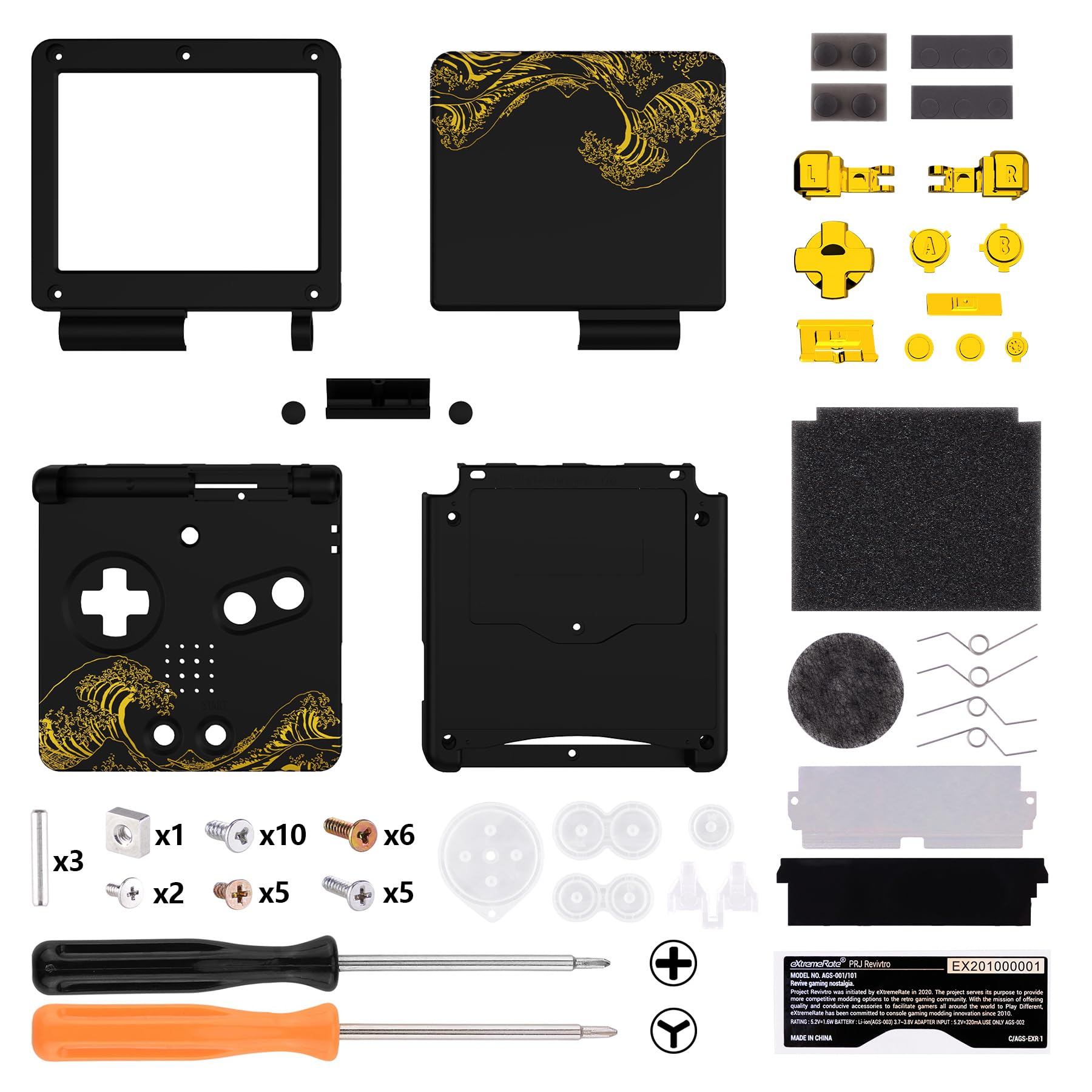 eXtremeRate Coque avec Boutons Complète pour GBA SP Gameboy Advance SP, Coque Remplacement Compatible avec Écrans IPS et LCD Standard, sans Console et Écran,The Great Golden Wave Off Kanagawa Noir