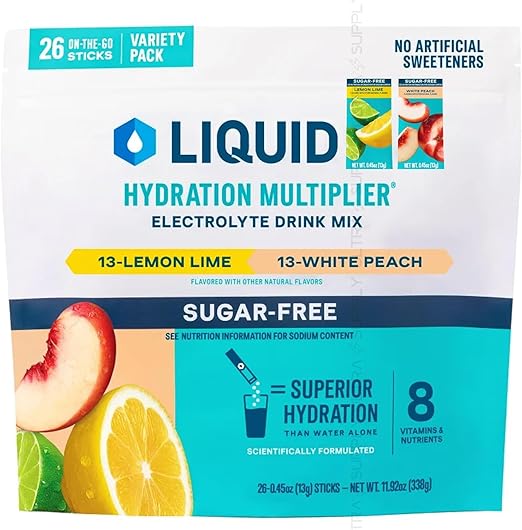 Liquid Hydration Multiplier, Variety Pack, 26 Stick Packs – Electrolyte Powder, Faster Hydration, Non-GMO, Flavor (Lemon Lime & White Peach)