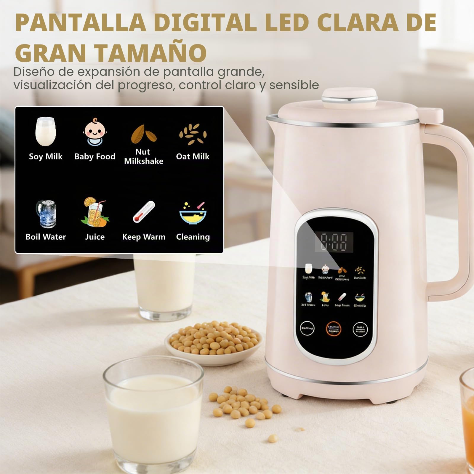 Máquina de leche de nuez 8 en 1 con panel táctil icono, máquina de leche vegetal de 1200 ml con autolimpieza, temporizador y función de mantenimiento caliente - Máquina de leche de soja y avena para