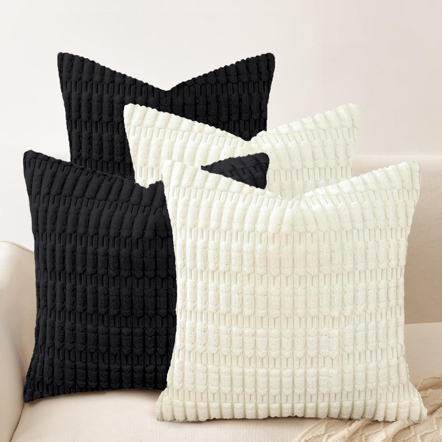 Cogavoo Set of 4 Corduroy Soft Striped Cushion Covers 45x45 cm ,Boho Decorative Square Throw Pillow Covers 18x18 Inch with Invisible Zipper for Sofa Couch Bedroom Decorative Fluffy Large Pillowcases