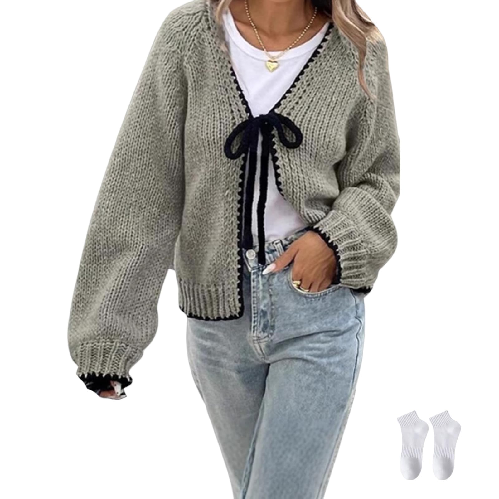 Tie Front Sweater Bow Cardigan Long Sleeve Casual Fall Chunky Knit Cute Cropped Cardigan Sweater