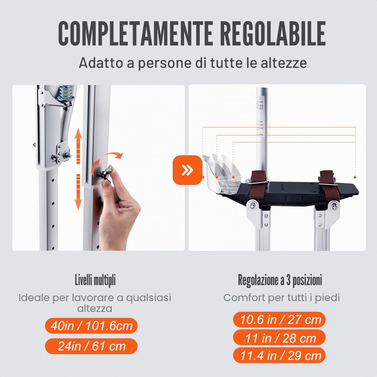 VEVOR Trampoli in Alluminio per Edilizia Altezza Regolabile 61-101,6 cm Misura di Piedi 27-29 cm, Trampoli in Alluminio per Lavori Interni Esterni Cartongessisti Muratori Pittori Spettacoli in Costume