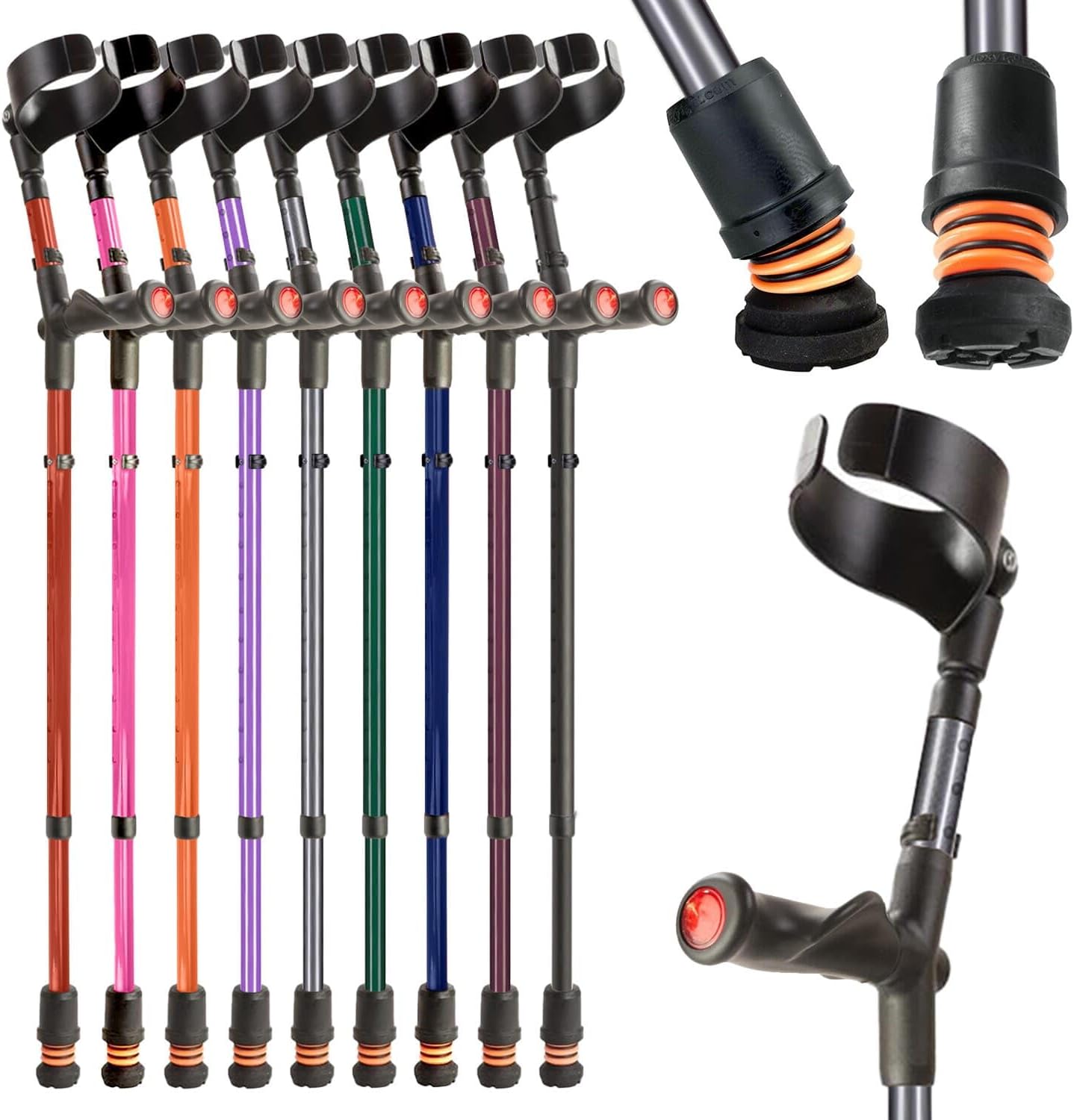 Flexyfoot Shock Absorbing Comfy Grip Double Adjustable Crutch - Single Right - Grey - Improves Safety, Improves Grip, Reduces Shocks & Jarring