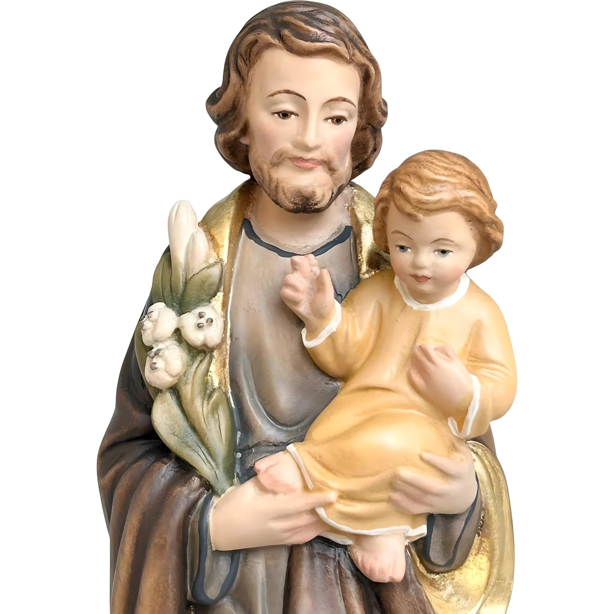 Heiliger Josef mit Jesuskind und Lilie aus Holz 12 cm | Naturholz in Gröden | Krippenfigur