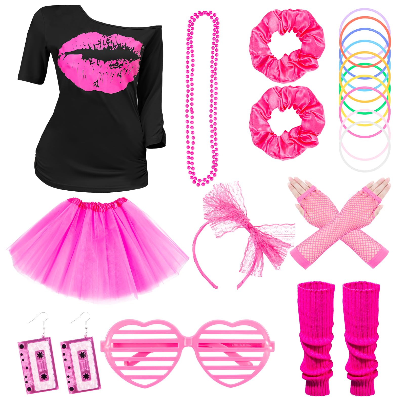 XL 80s Fancy Dress for Women, 10 PCS 80s costume, 80s Accessories for Women, Neon Costume Accessories, Lips Print T-Shirt Skirt with 80s Earrings Necklace for 80s Theme Party