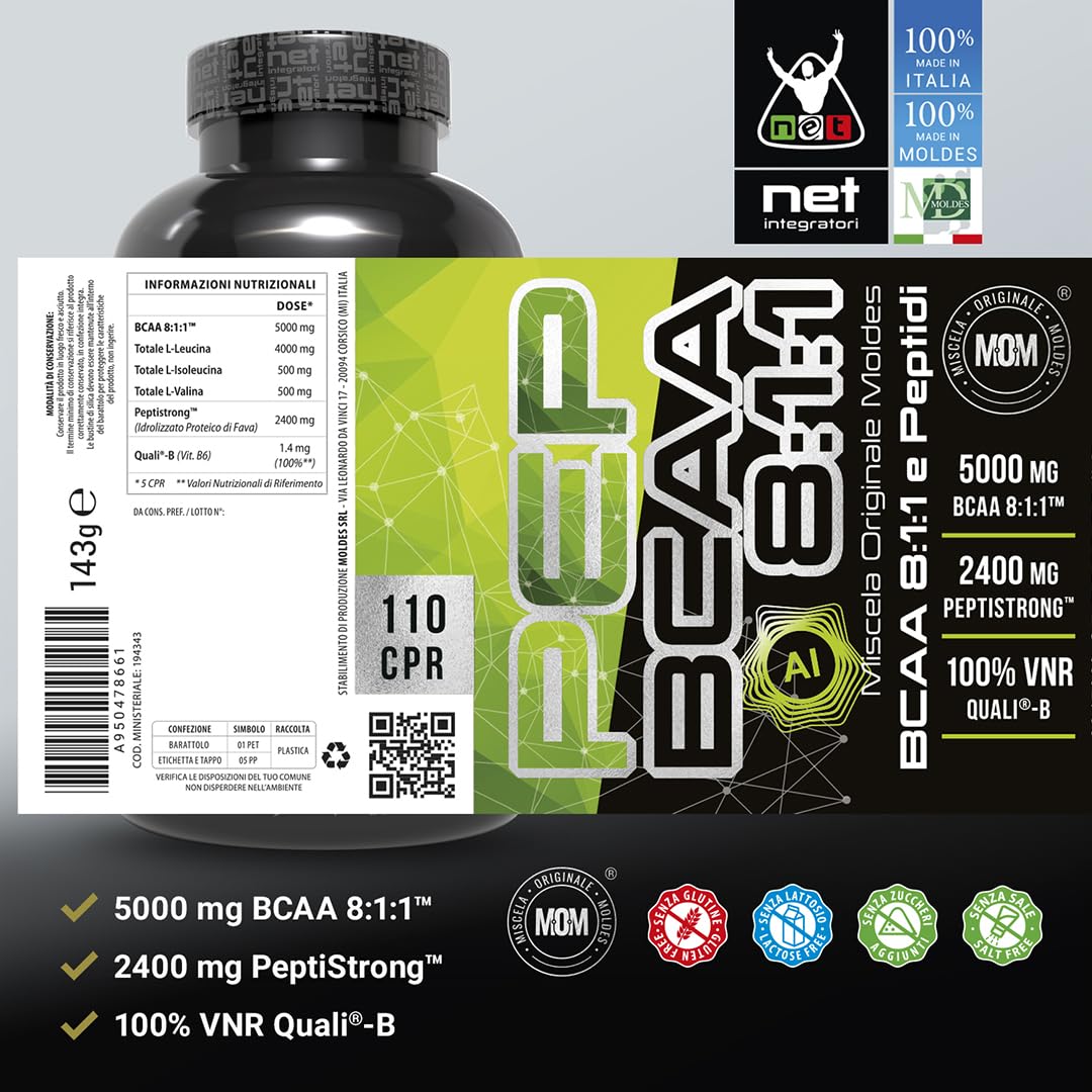 Net Integratori BCAA PEP 8:1:1 AI - 110 cps - Integratore Peptidi di Aminoacidi ramificati BCAA sviluppati con Intelligenza Artificiale per Sviluppo e Recupero Muscolare
