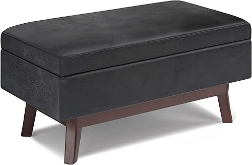Miniatura 1 de SIMPLIHOME Owen - Otomana rectangular pequeña de almacenamiento rectangular de 36 pulgadas de ancho en piel sintética negra envejecida, para sala de