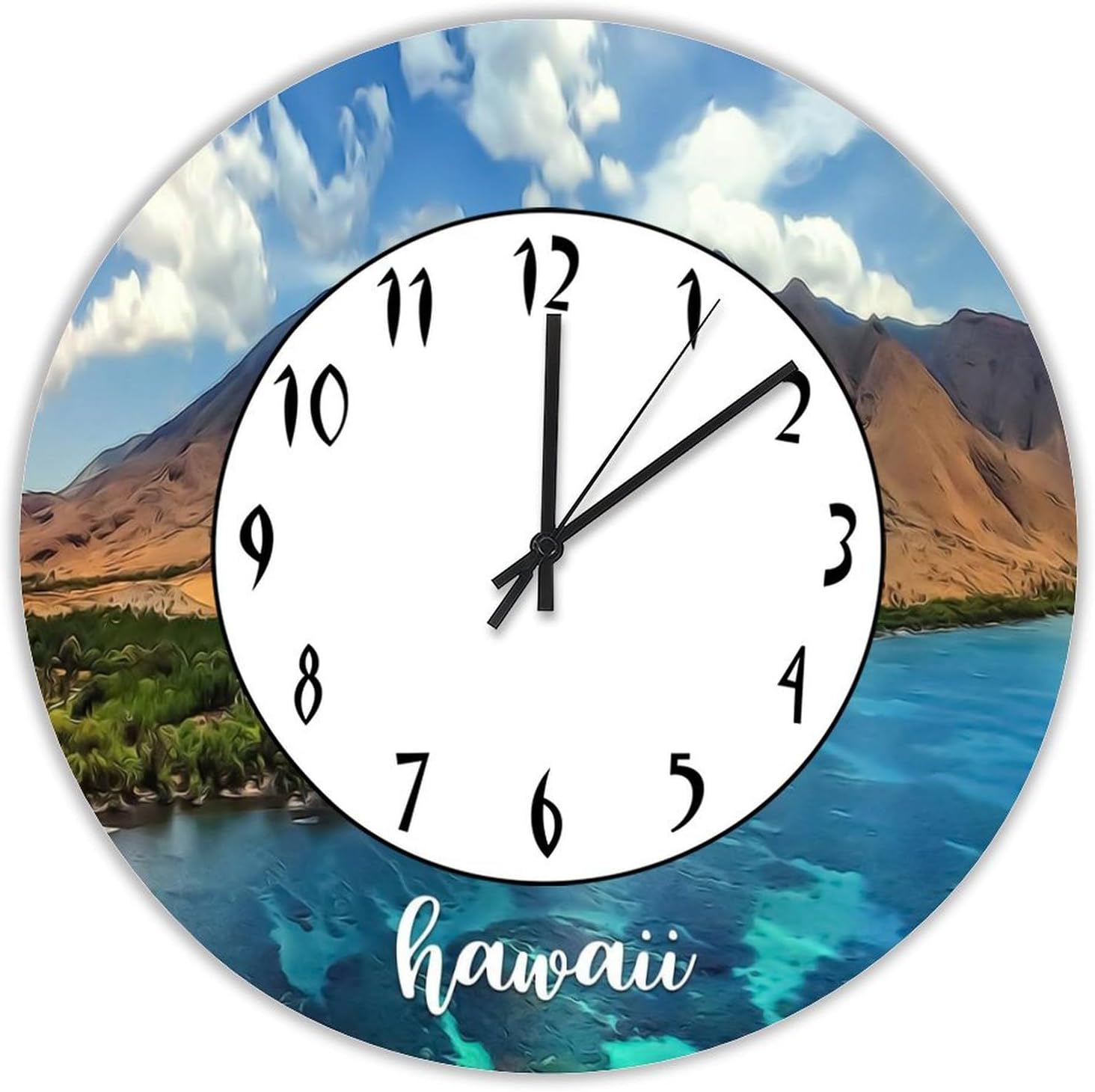 Wood Wall Clock American Hawaii Hanging Clock Hawaii Natural View 12in Silent Non-Ticking Battery Operated Wall Clock Decorative for Office School Kitchen Bedroom Living Room