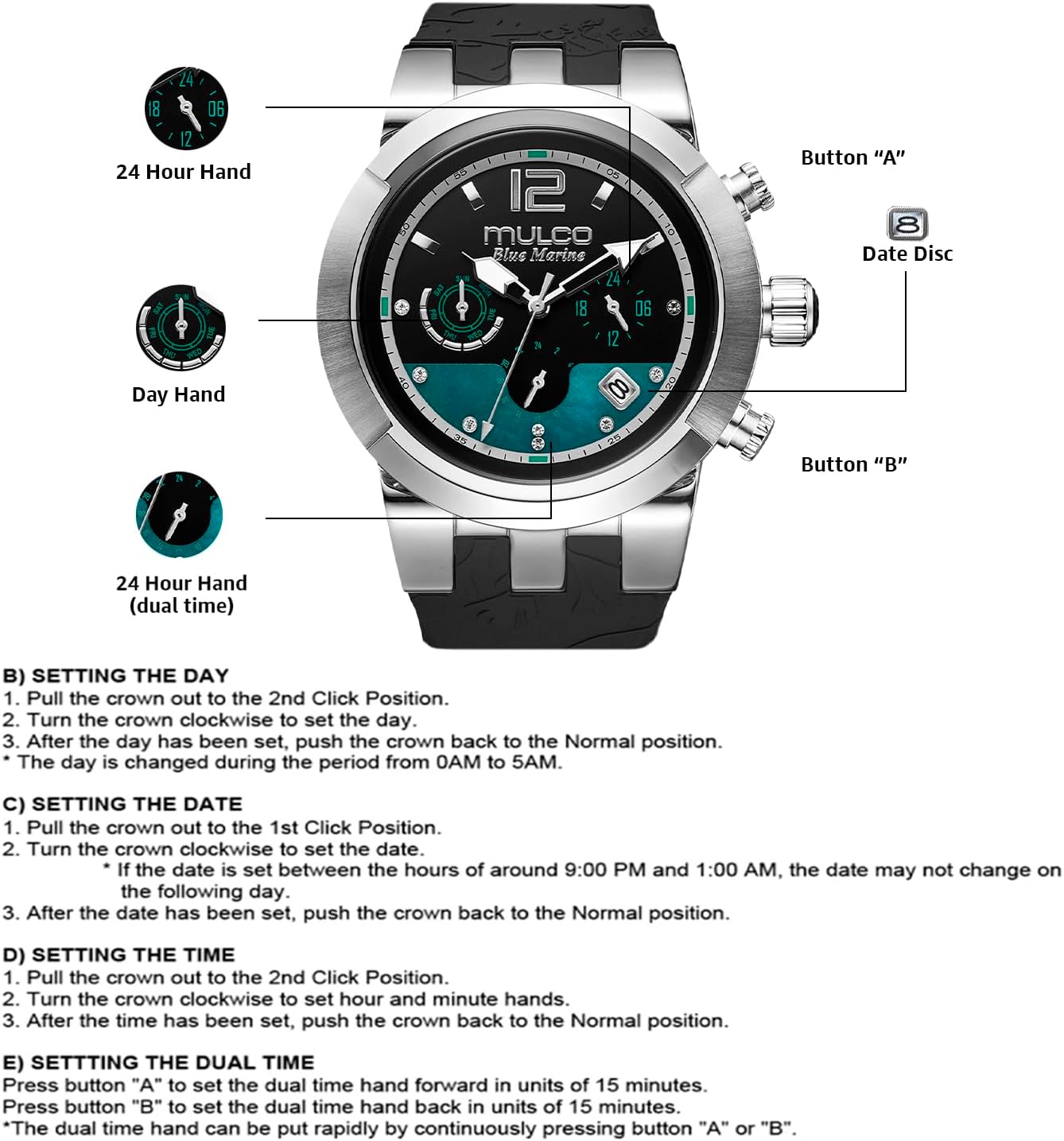 MULCO Watches for Women - Blue Marine Infinity, Stainless Steel Case with Wrist Silicone Band, Quartz Multifunctional Movement Large Face Analog Display, Crystal Stones,100m-Waterproof
