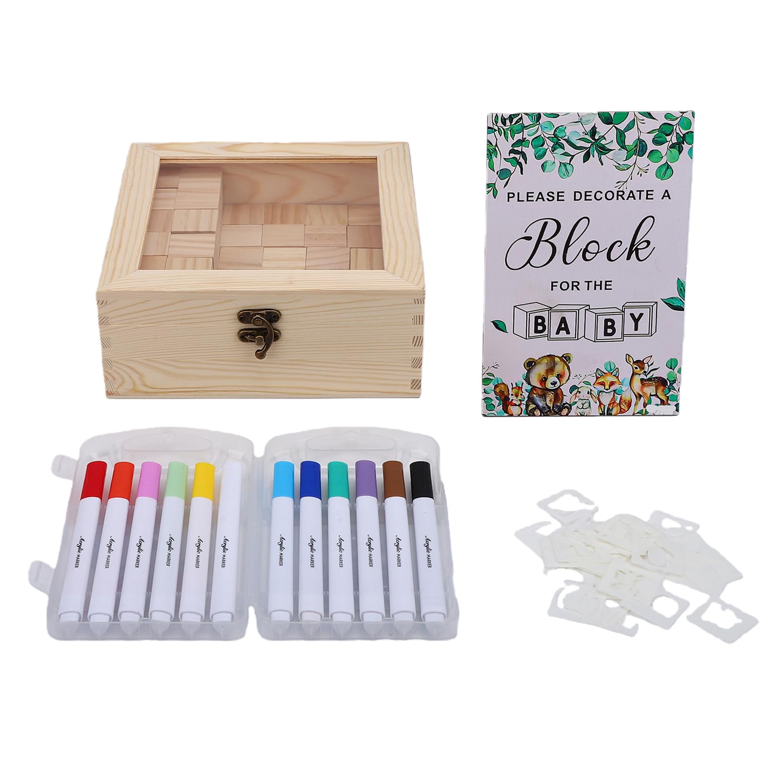 Kit Pittura Blocchi di Legno per Giochi Baby Shower con 48 Blocchi 12 Pennarelli e 42 Sagome per Feste