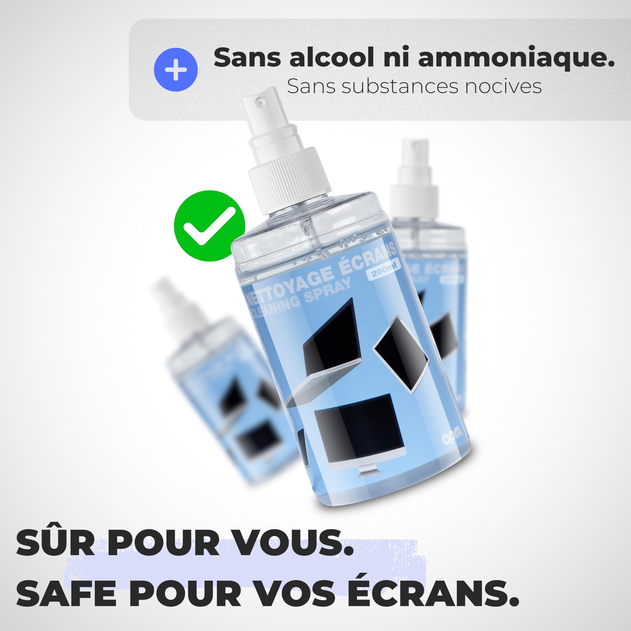 APM Spray Nettoyant Écran TV, PC, Smartphone, Tablette, Texture Gel Sans Alcool, Effet Antistatique, Anti-rayures, Anti-traces, Chiffon Microfibre Inclus, Nettoyage Sécurisé, 200ml, 600105