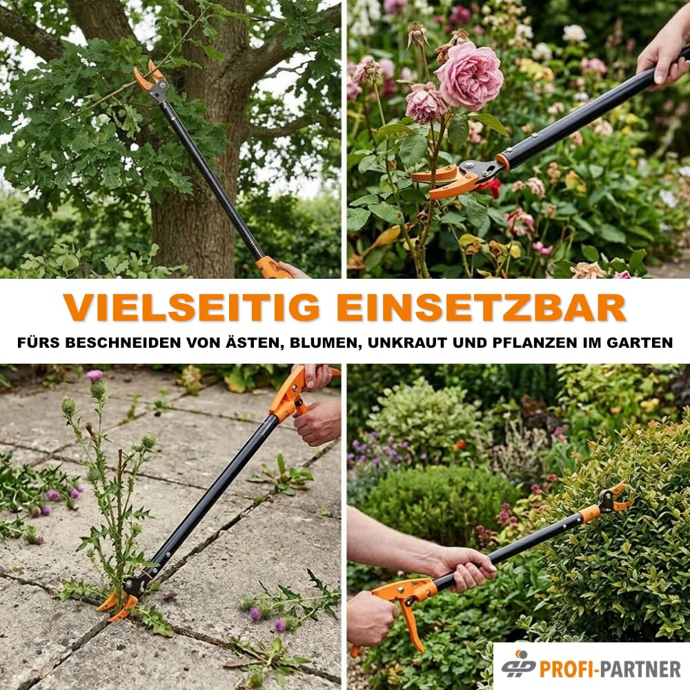 Langstiel Gartenschere, Astschere mit drehbarem Griff und Haltefunktion, Baumschere mit Titanium-Klinge, 65 cm lang