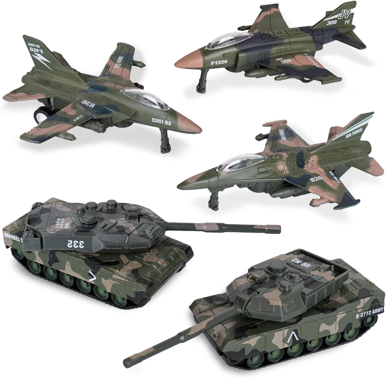 Diecast Fighter Jet Toy Tank 5PCS Set-Pull Back Army Military Toys Metal Vehicles Airplanes Playset Plane Camouflage Air Force for Kids Boys Girls