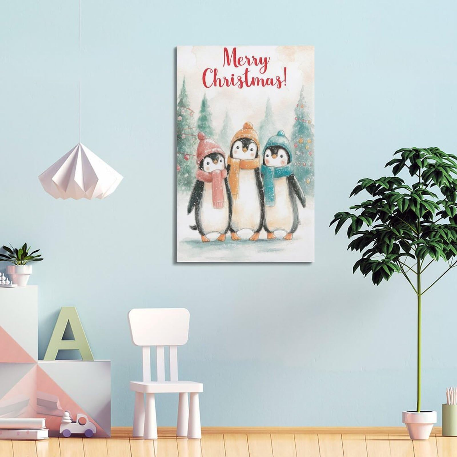 CWLLOG Stampe artistiche da parete su tela, poster natalizio con pinguini ad acquerello, giocoso, festival, decorazione moderna per soggiorno e camera da letto, 50 x 75 cm