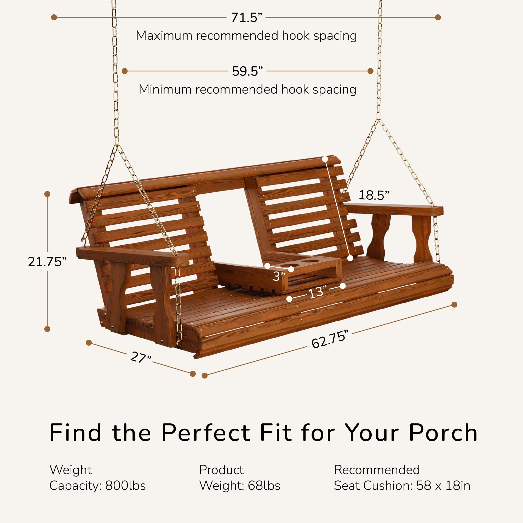Porchgate Amish Heavy Duty Console Porch Swing with Fold Down Cup Holders in Cedar Stain - Amish Made in The USA from Treated Pine Hanging Chains Included product thumbnail 4