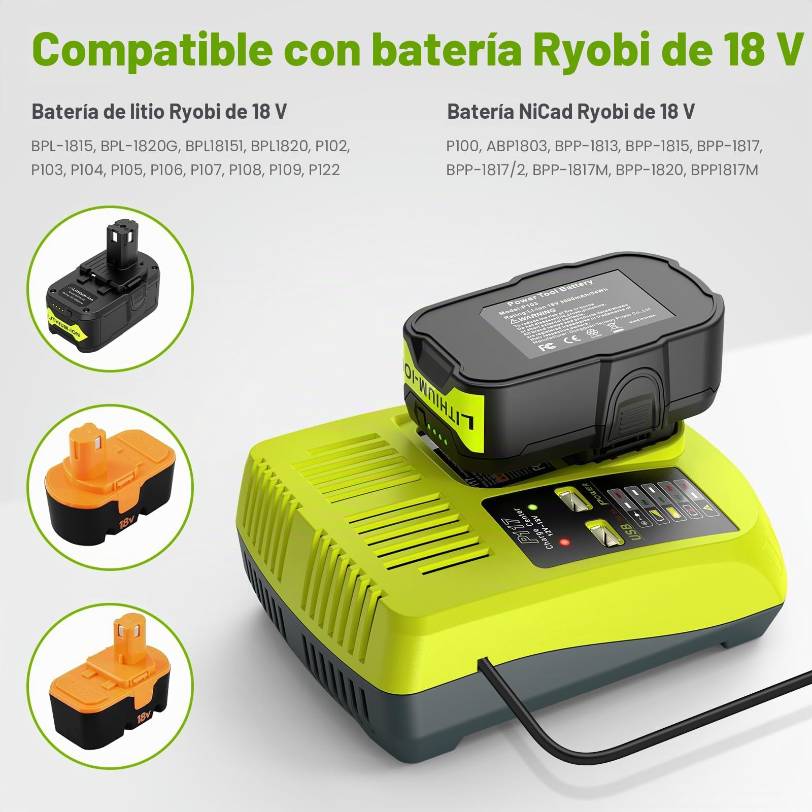 LabTEC P103 18 V 3000 mAh Batería de repuesto para Ryobi BPL1815 P102 P104 P105 P106 con puerto USB P117 Recambio P117 12V-18V One Plus Series, juego de cargadores USB Ryobi P107 P108