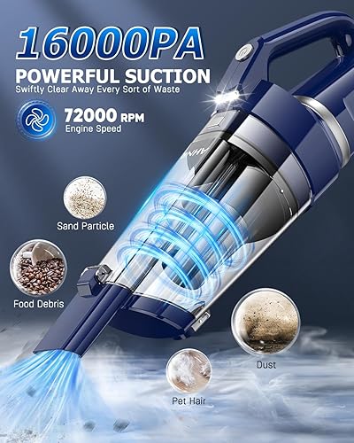 Miniatura 2 de AHNR Aspiradora de mano inalámbrica, 16000 PA, potente succión de mano, eliminadores de polvo sin cables, recargable con luz LED y 2 filtros HEPA,