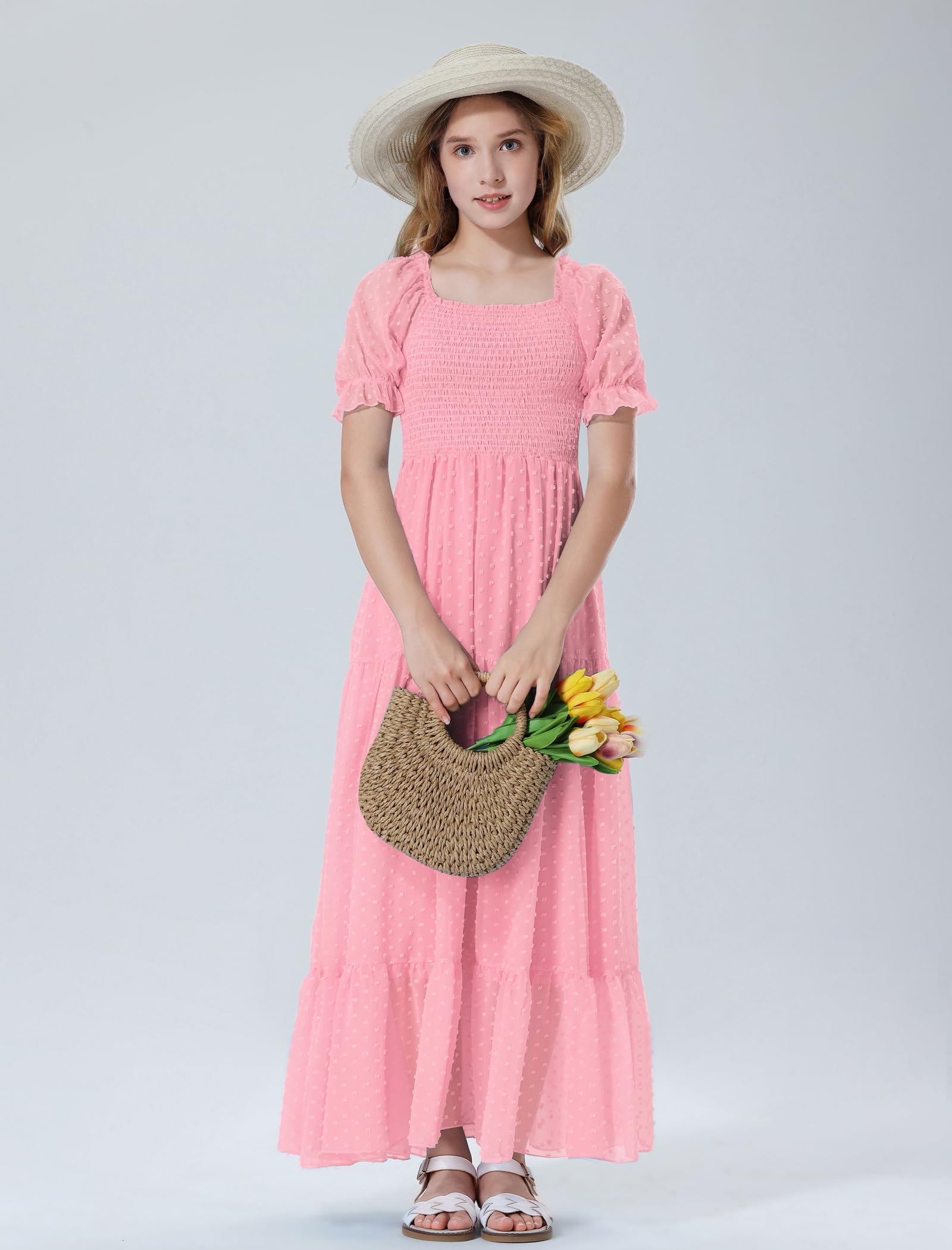 EXARUS Vestido largo fruncido para niñas de 6 a 12 años con cuello cuadrado, manga corta, casual, acampanado, para adolescentes, lunares suizos, de verano | Vestidos acampanados para adolescentes, para vacaciones, playa, baile, casual, fiesta de regreso a