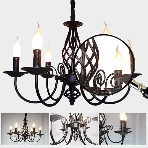Miniatura 23 de Jaycomey Candelabro de vela de granja para comedor, 6 luces rústicas industriales, lámpara colgante de techo, lámpara colgante negra vintage