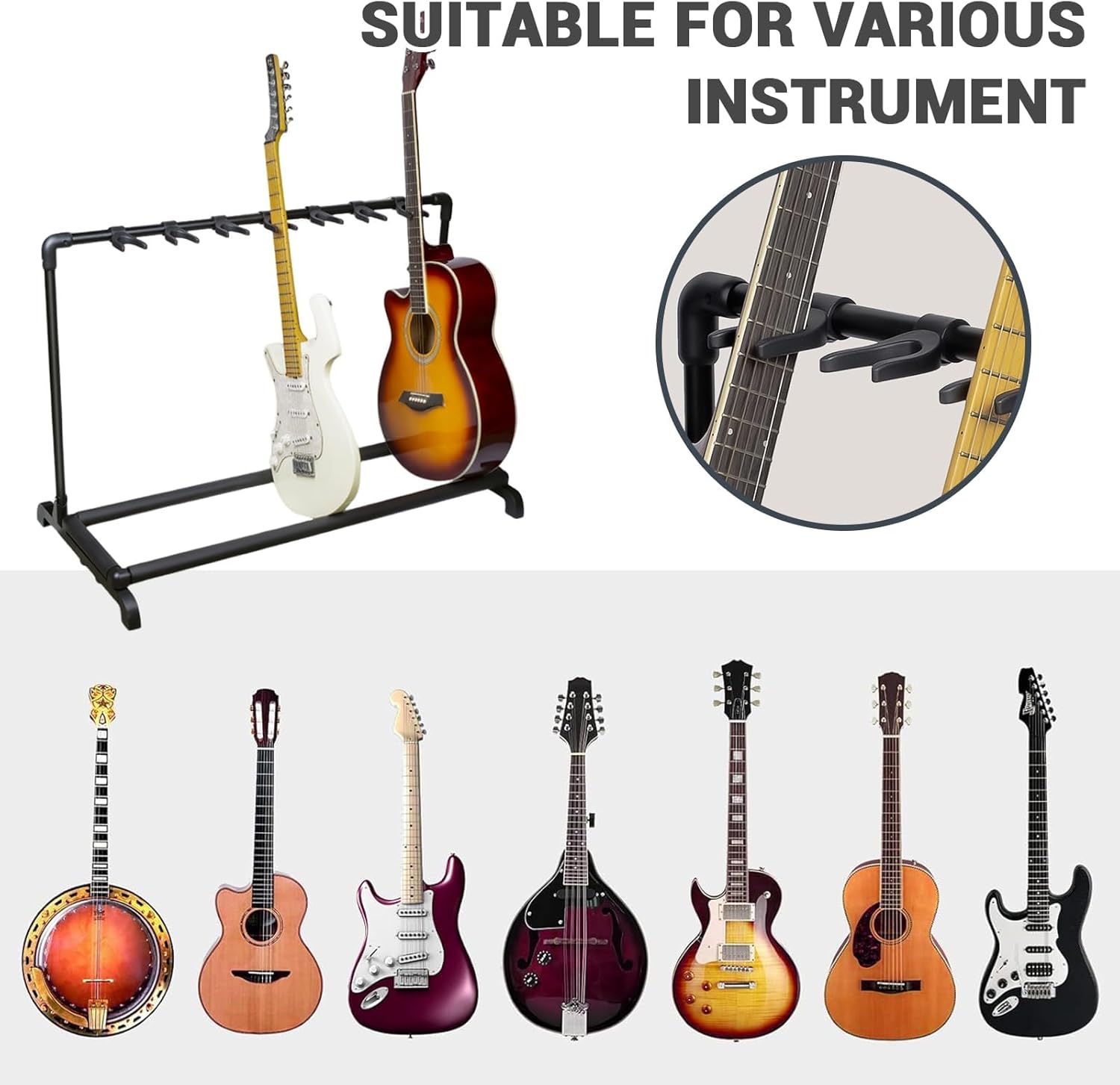 Multiple Guitar Stand Rack for 7 Guitars, Folding Guitar Stand with Thick Rubber Padding, Portable Guitars Display Stand, Universal Floor Guitars Rack for Classical Acoustic Electric Bass