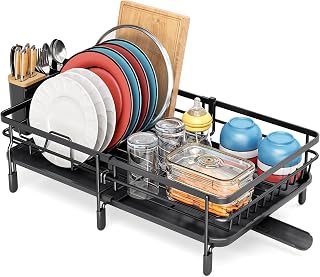 APEXCHASER Kingrack Expandable Dish Drain Rack, Adjustable Dish Rack, Folding Dish Drying Rack with Removable Cutlery Holder, Swivel Drain Spout Rust Plate Rack for Kitchen 1 Piece