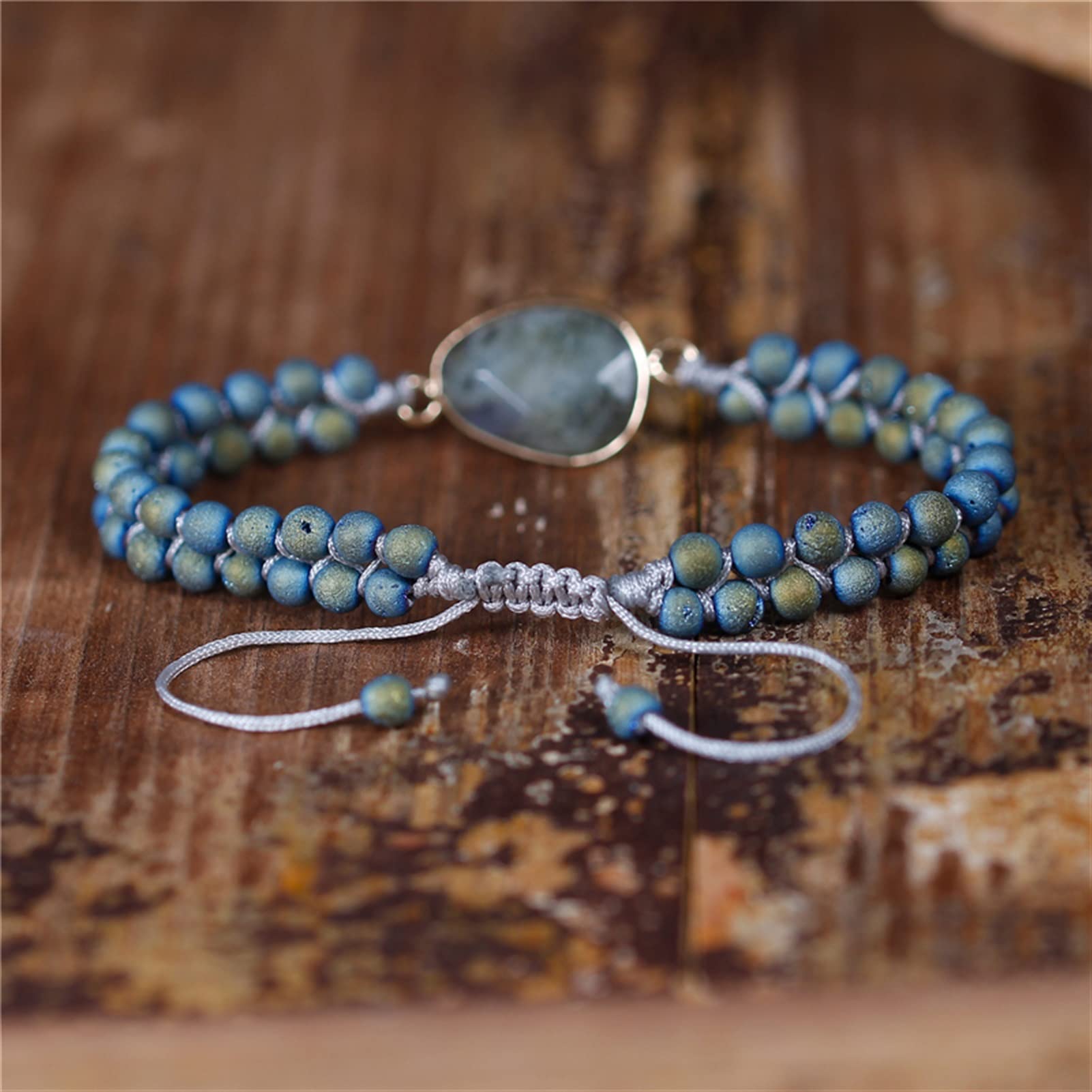 LYGBAOFUL Pulseras de Piedra Natural Labradoritas Pulseras con dijes Pulseras de macramé Trenzadas con Cuentas Pulsera Envuelta Joyería de Mujer joyería (Metal Color : Women Size)