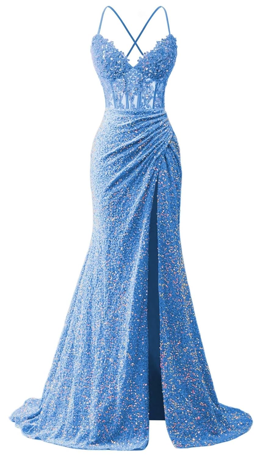 KURFACE Dusty Blue Prom Dresses for Women with Slit Sleeveless Spaghetti Strap Sequin Mermaid Formal Party Evening Dress UK6