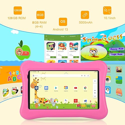Miniatura 2 de Tableta para niños Android 13 de 10 pulgadas para niños con funda a prueba de golpes y lápiz capacitivo, 8 GB+128 GB, aplicaciones educativas