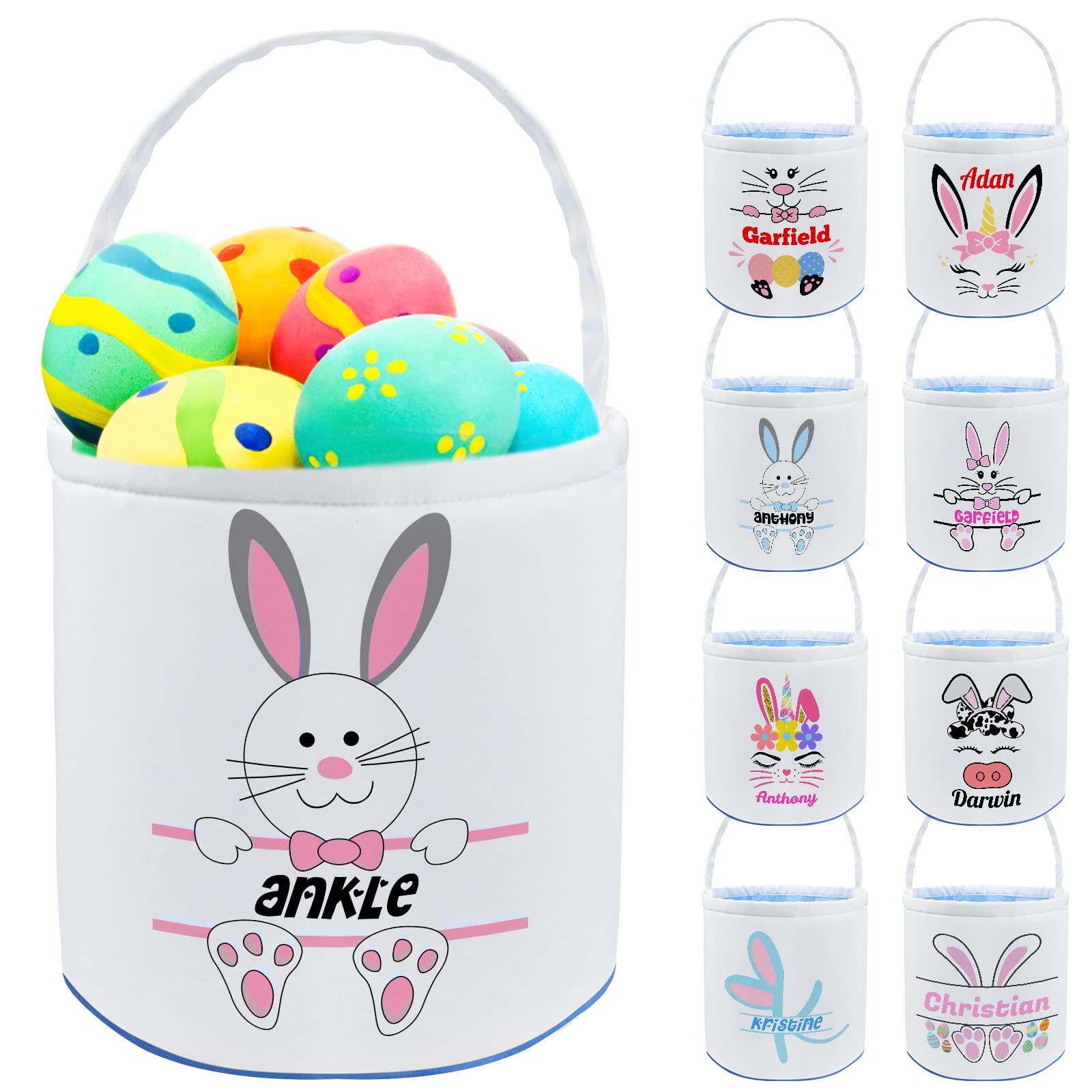 Personalized Buny Easter Basket with Name Custom Canvas Egg Bags for Kids Candy Easter Baskets for Baby Boys Girls-Pink
