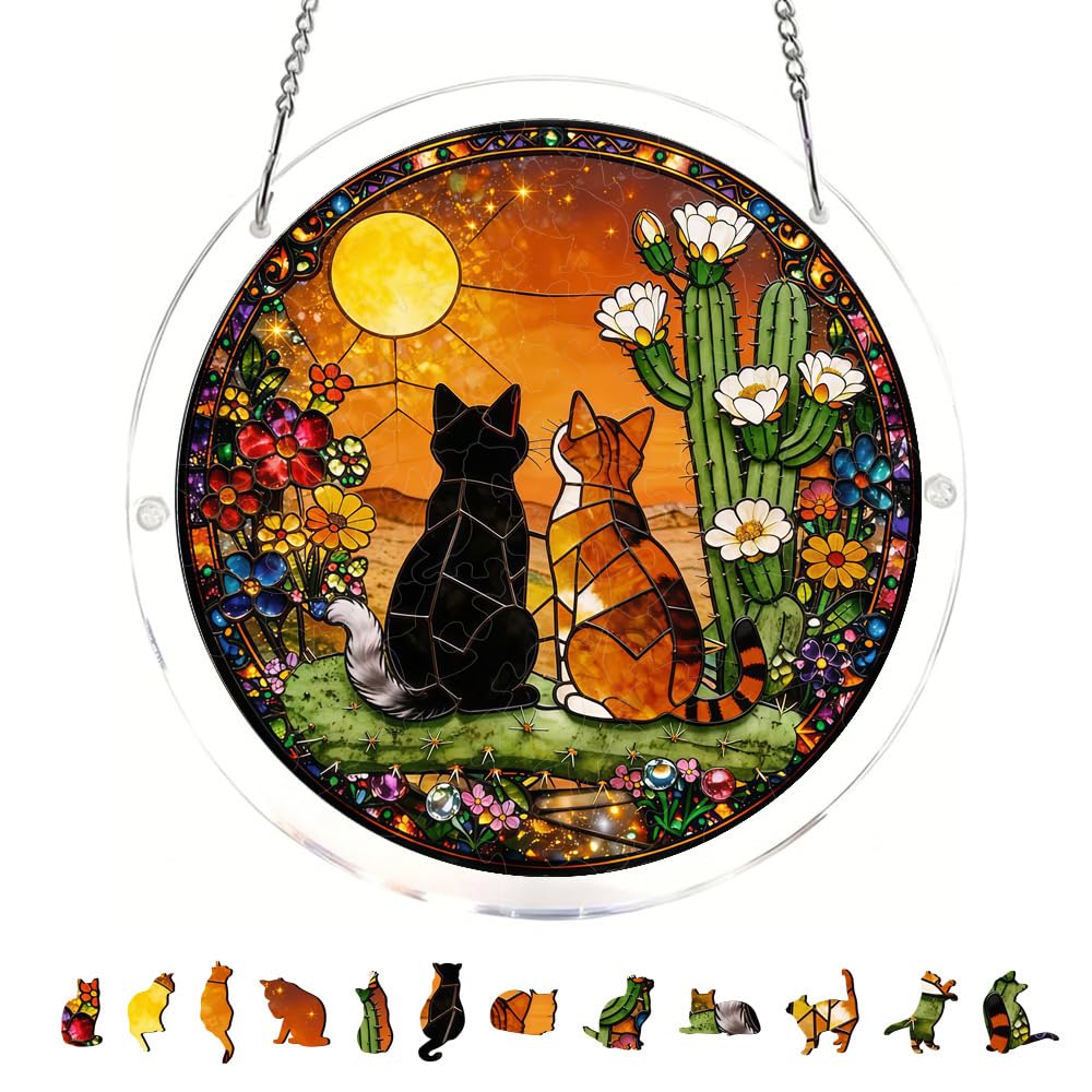 83 Pieces Hanging Acrylic Suncatcher Puzzle,DIY Acrylic Jigsaw Puzzle for Adults, 2mm Transparency Acrylic, Acrylic Suncatcher Puzzles for Doors Garden Window (Sunset Cat Couple D, 7.4 Inches)