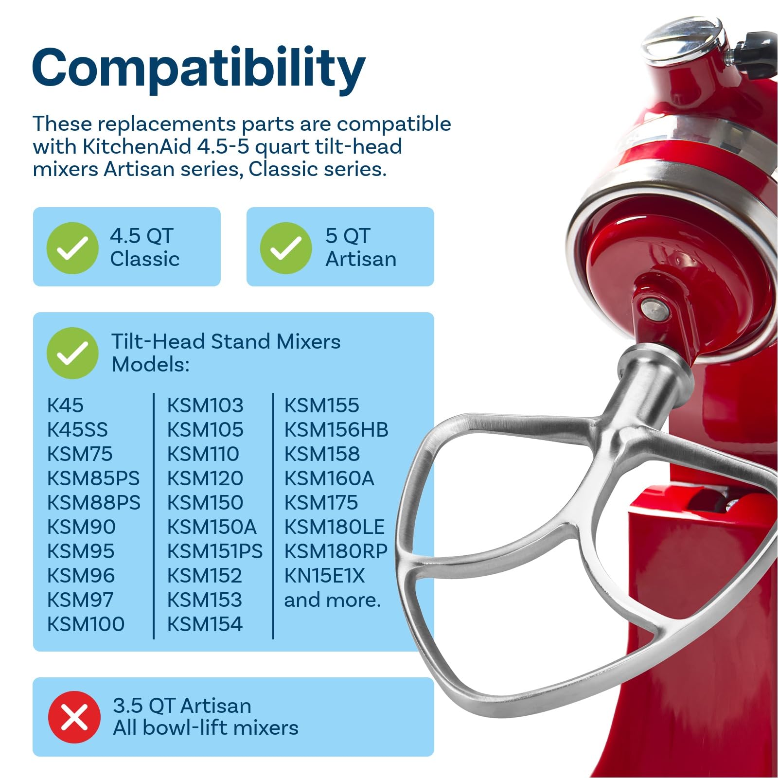 3-Cz. Zestaw ze Stali Nierdzewnej do KitchenAid 4,5-5 Quart Miksery Stojące z Uchylną Głowicą Serii Artisan i Classic firmy MMOBIEL – K45 Bicz, Trzepaczka Płaska i Hak do Ciasta - Można Myć w Zmywarce