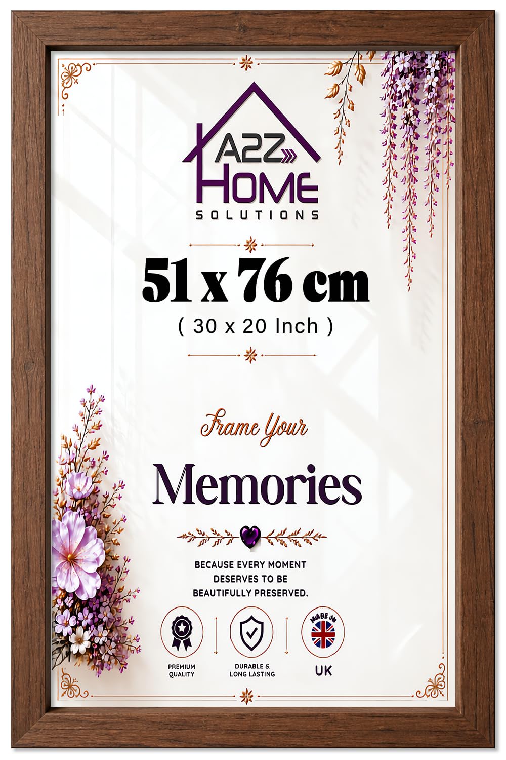 A2Z Poster Frame 51x76cm (20x30 inch) Clear Perspex, Hanging Clips & Sawtooth Hangers, Portrait & Landscape Wall Display for Photos, Canvas, Paintings – Dark Oak