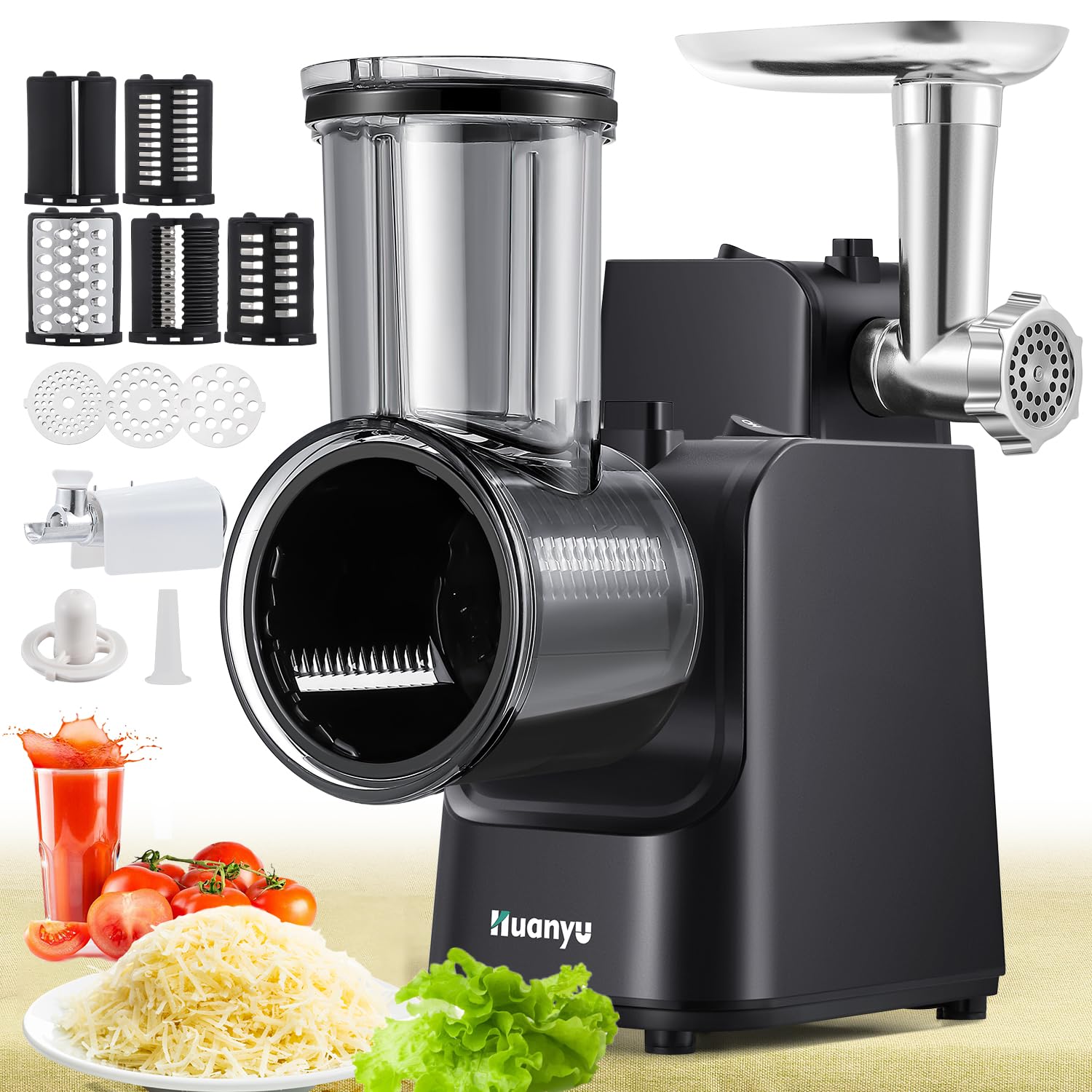 Huanyu Electric Cheese Grater All in One Meat Grinder Multi-Functional Vegetable Slicer Chopper Professional Salad Shooter Sausage Stuffer Kubbe Maker with 5 Blades for Fruit Carrot Potato (Black)