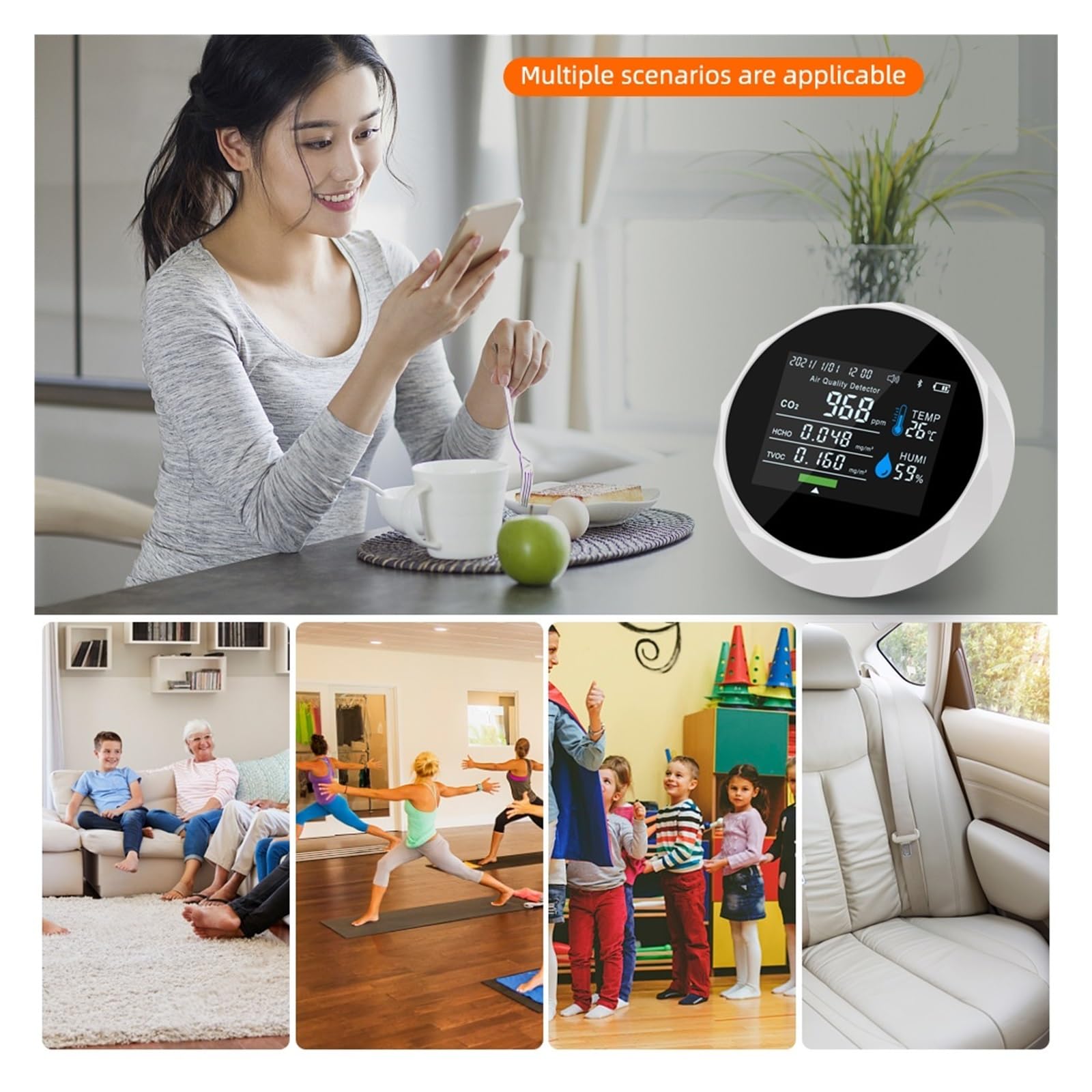Monitor d'aria multifunzione TVOC HCHO Misuratore di CO2 Tester qualità del gas Umidità Temperatura Rilevatore controllo dente blu Per cucina e camper(Noir)