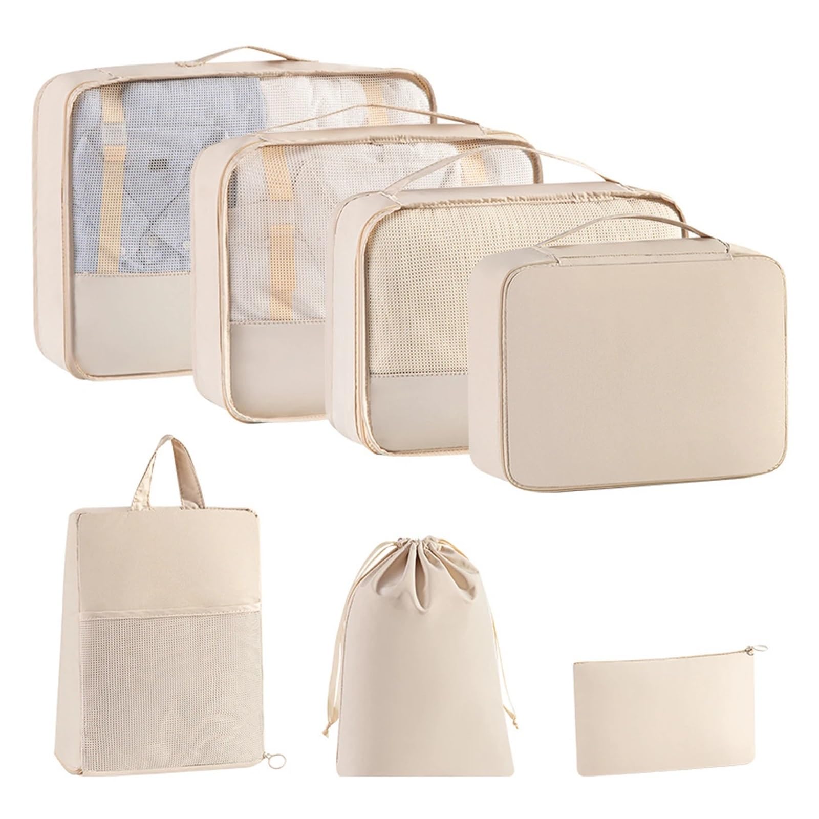 Organizador Maleta Juego de 7 bolsas viaje color liso, versátiles y a prueba polvo, ideales for guardar ropa interior, cosméticos, etc Viaje(Beige)