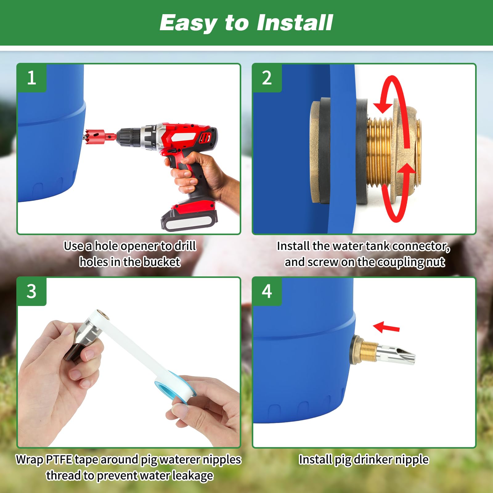 Juego de 4 boquillas de agua de cerdo para barril, pezones de acero inoxidable, sistema de bebedero automático de agua de pezón de cerdo con kit de conector de tanque de agua de latón para